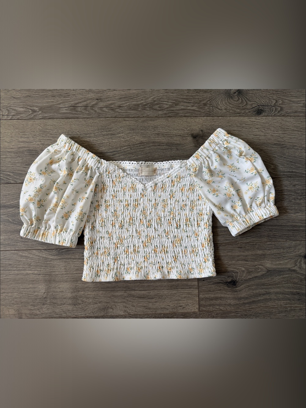 Altar'd State White Floral Smocked Crop Top with Yellow Accent